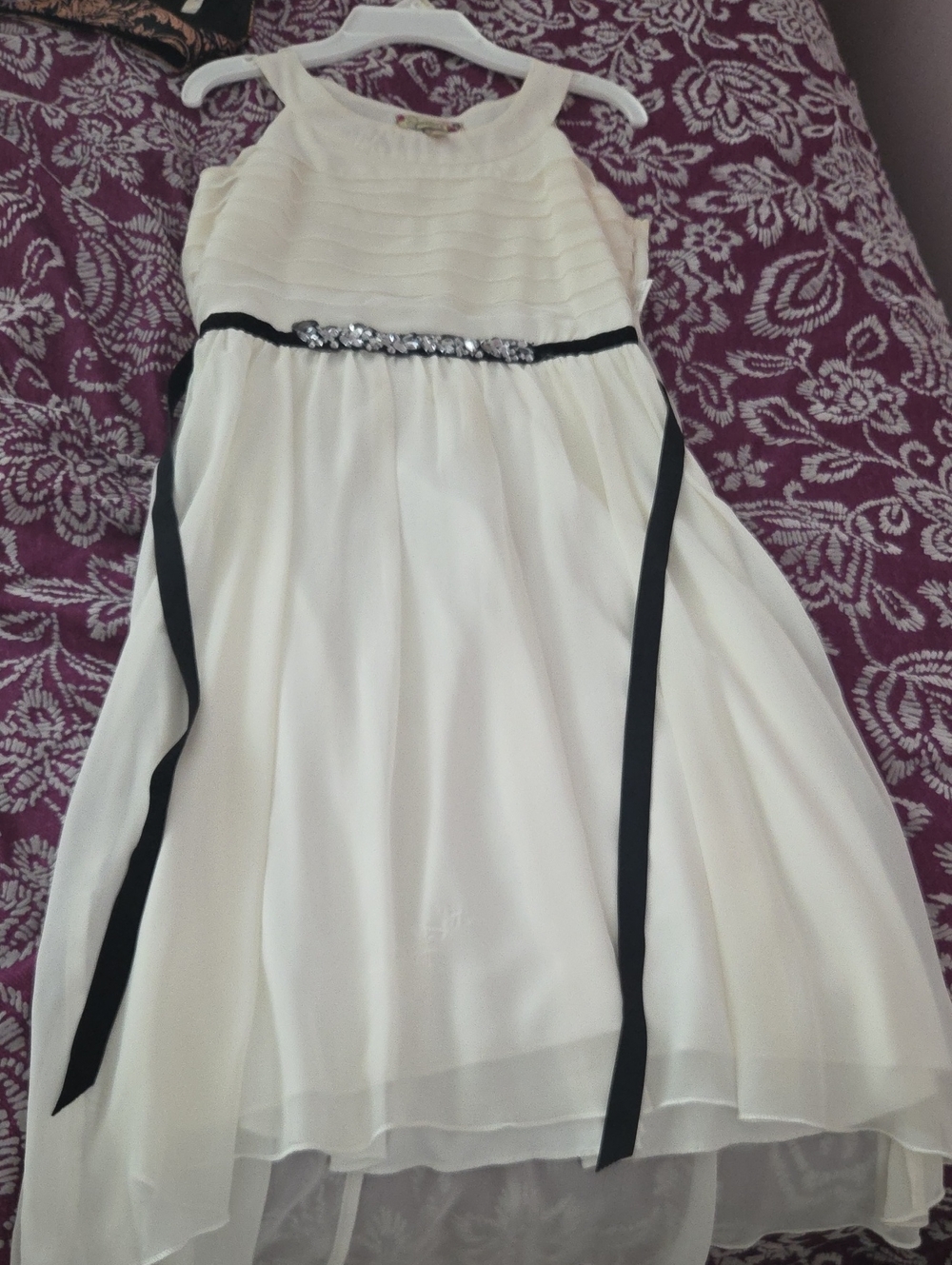 Speechless Ivory Chiffon Dress with Black Ribbon and Rhinestone Waist